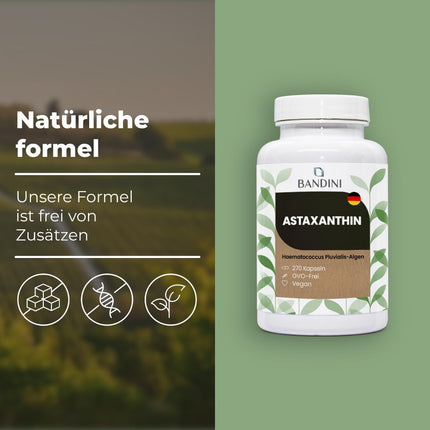 Bandini® Pure astaksantīns 8 mg kapsulā, 270 kapsulas, 9 mēnešu krājumi (1 kapsula dienā), aļģes Haematococcus Pluvialis - dabīgs astaksantīns, bez magnija stearāta, bez ĢMO