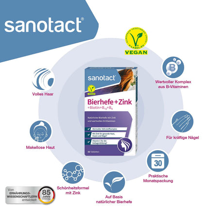 sanotact alus raugs + cinks (60 tabletes) • Ādai, matiem un nagiem • Vitamīnu komplekss ar alus raugu, cinku, biotīnu, B12, B6 un C vitamīnu • Ādas un matu vitamīni • 100% vegānisks
