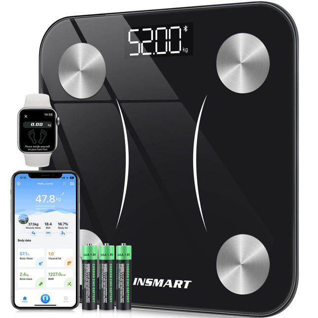 INSMART digitālie personālie svari, personīgie svari ar Bluetooth, ķermeņa tauku svari ĶMI, svaram, ķermeņa taukiem, sirdsdarbībai, muskuļu masai, ūdenim, olbaltumvielām, skeleta muskuļiem, kaulu svaram, BMR utt.