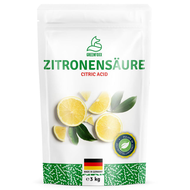 GREENFOXX citronskābe - 3 kg iepakojums | Pārtikas kvalitātes pulveris - Kā atkaļķotājs un tīrīšanas līdzeklis, daudzpusīgi lietojams virtuvē, vannas istabā un mājsaimniecībā - 1x