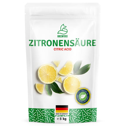 GREENFOXX citronskābe - 3 kg iepakojums | Pārtikas kvalitātes pulveris - Kā atkaļķotājs un tīrīšanas līdzeklis, daudzpusīgi lietojams virtuvē, vannas istabā un mājsaimniecībā - 1x