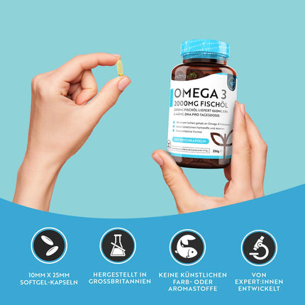Omega 3 kapsulas, lielas devas 240–2000 mg zivju eļļas kapsulas ar 660 mg EPA un 440 mg DHA vienā porcijā — Omega 3 eļļa, tīra zivju eļļa no ilgtspējīgas zvejniecības — Testēts/sertificēts Vācijā — Nutravita