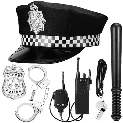 NIEEKRUN 6 gabali policijas kostīmu aksesuāri ar policijas cepuri, rācijām, roku dzelžiem, nozīmīti, svilpi, policijas kostīmu bērniem, policijas kostīmu komplekts Cosplay policijas kostīmiem bērniem