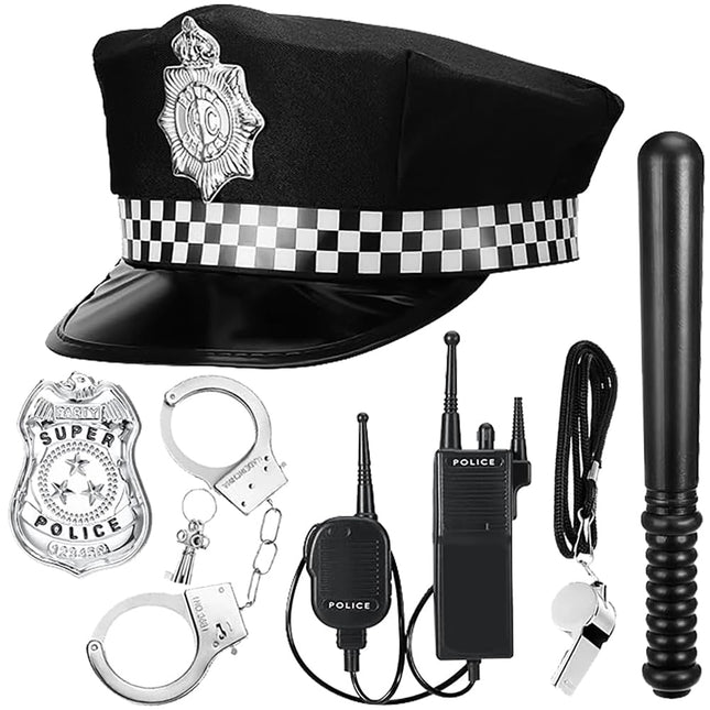 NIEEKRUN 6 gabali policijas kostīmu aksesuāri ar policijas cepuri, rācijām, roku dzelžiem, nozīmīti, svilpi, policijas kostīmu bērniem, policijas kostīmu komplekts Cosplay policijas kostīmiem bērniem
