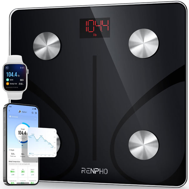 RENPHO personīgie svari, ķermeņa tauku svari ar lietotni, 180 kg/400 mārciņas, digitāli Bluetooth ķermeņa analīzes svari ķermeņa tauku, ĶMI, muskuļu masas, olbaltumvielu, BMR noteikšanai, melni