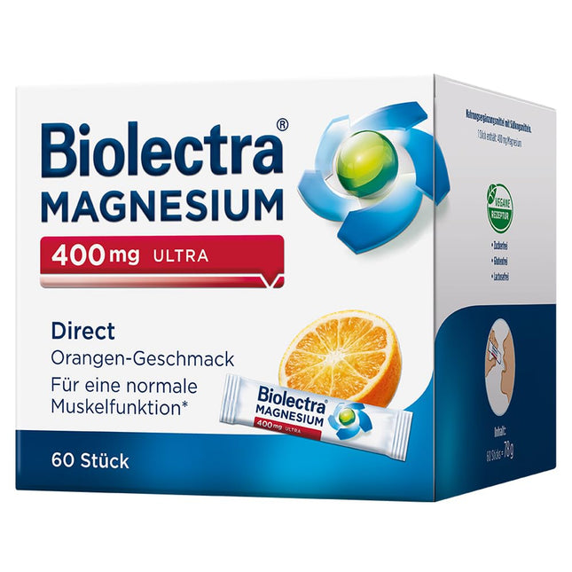 Biolectra Magnesium 400 mg Direct Sticks Orange, 60 gabali: Normālai muskuļu funkcijai pastiprinātas nepieciešamības gadījumos, Magnesium Direct Sticks, augsta deva