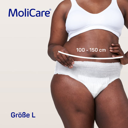 MoliCare Premium mobilās vienreizējās lietošanas biksītes: diskrēta lietošana urīna nesaturēšanas gadījumā sievietēm un vīriešiem; 10 pilieni, L izmērs (100–150 cm gurnu apkārtmērs), 4x14 gabali