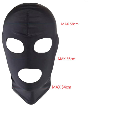 BDSM maska ​​no FOPS 100% spandekss SM maska ​​S/M izmēra vergiem un lomu spēlēm, stiepjas līdz 58 cm, brīva no acīm un mutes, elpojoša un ērta, ideāli piemērota seksa kontroles un stimulācijas spēlēm, melna FOPS B23-1