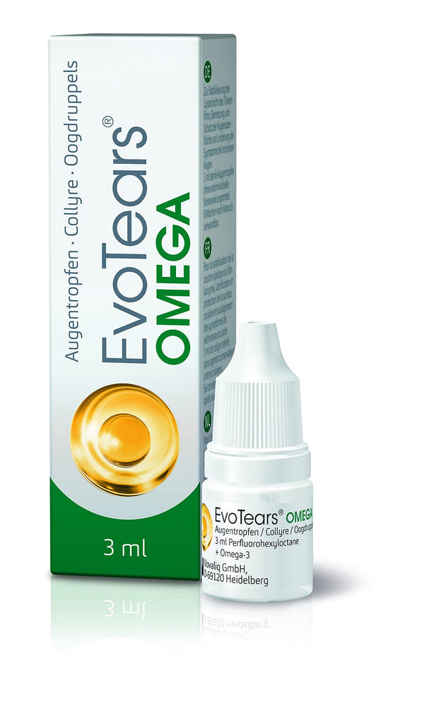 EvoTears® OMEGA acu pilieni sausām un iekaisušām acīm ar Omega 3 - unikāli, pateicoties perfluorheksiloktānam un bezūdens, 3 ml
