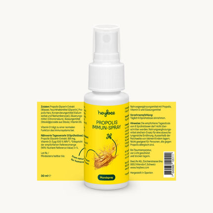 heybee® Propolisa imūnsprejs ar D vitamīnu, 30 ml - mutes dobuma aerosols bērniem un pieaugušajiem, nomierinošs rīklei un rīklei + stiprina imūnsistēmu, sastāvdaļas no ilgtspējīgas biškopības