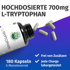 L-triptofāns — augsta deva: 700 mg kapsulā — 6 mēnešu krājumi (180 kapsulas) — vegāns un bez piedevām — aptiekas kvalitāte — Green Naturals®