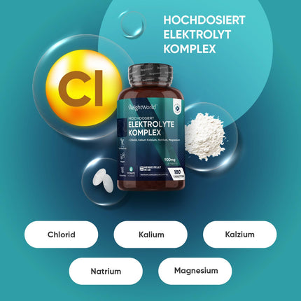 Elektrolītu tabletes - 900 mg vienā tabletē - ar magniju, kalciju, kāliju, nātriju un hlorīdu - 180 tabletes - Elektrolītu tablešu komplekss - Vegāns un bez glutēna - Bez ĢMO - By WeightWorld