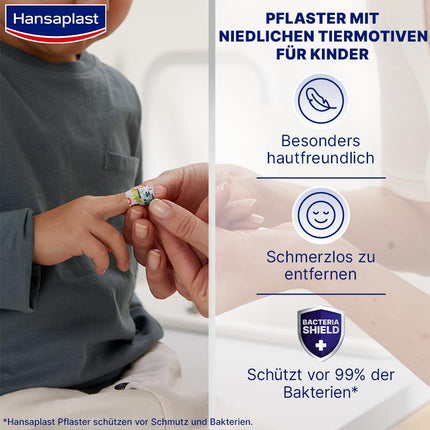 Hansaplast bērnu plāksteris jutīgai ādai (20 strēmelītes), brūču plāksteris ar mīlīgiem dzīvnieku motīviem uzmundrināšanai, nesāpīgi noņemams plāksteris