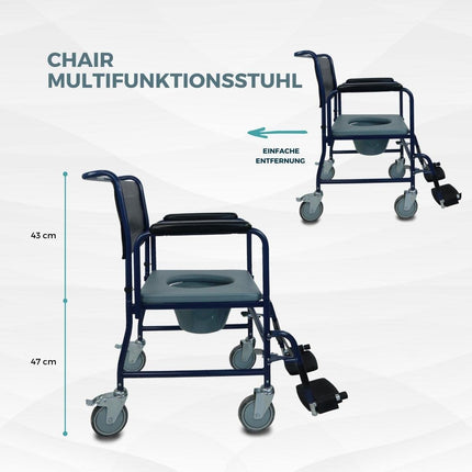 Mobiclinic, tualetes krēsls ar riteņiem, Barco, Eiropas zīmols, tualetes poda sēdeklis vecāka gadagājuma cilvēkiem un cilvēkiem ar invaliditāti, tualetes poda sēdeklis, salokāmi roku balsti, noņemami kāju balsti, vāks, stāvbremze, zils