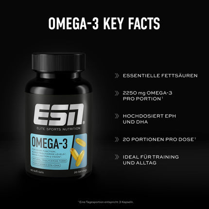 ESN Omega-3, 60 kapsulas, augsta EPA un DHA deva, 1200 mg EPA un 900 mg DHA vienā porcijā - ražots Vācijā
