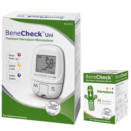 BeneCheck Premium urīnskābes mērītāja komplekts – ieskaitot 35 testa strēmeles un 10 lancetes | Urīnskābes testeris podagras kontrolei | Sākuma komplekts precīzai urīnskābes līmeņa mērīšanai mājās