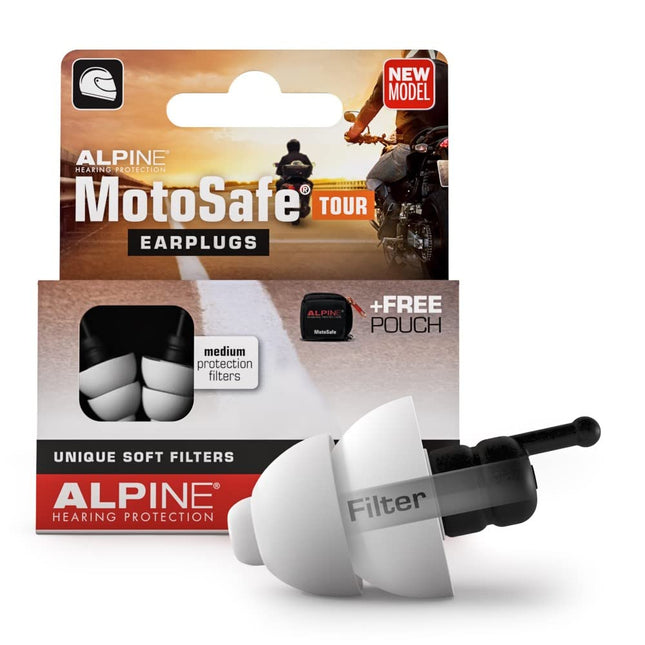 Alpine MotoSafe Tour dzirdes aizsargausu aizbāžņi tūrisma aizbāžņiem — novērš dzirdes bojājumus, braucot ar motociklu — satiksmes troksnis joprojām ir dzirdams — ērts, hipoalerģisks materiāls — atkārtoti lietojams