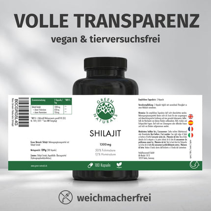 Original Himalaya Shilajit - augsta deva: 13 000 mg Shilajit dienā (10:1 ekstrakts) + 50% fulvīnskābe + 12% humīnskābe - 3 mēnešu krājums (180 kapsulas) - bez piedevām - Green Naturals®