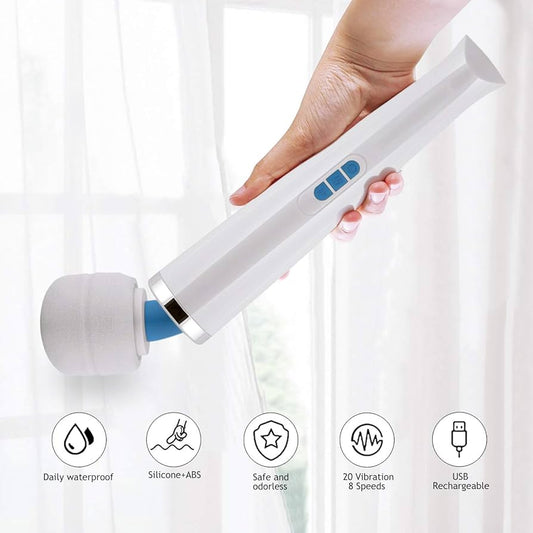 Magic Wand Massage Stick, James Love Silicone Wireless Therapeutic Handheld Massager with 20 Intense Vibration Modes, Wall Massage for Body, Neck, Shoulders, Back, USB Rechargeable (White)