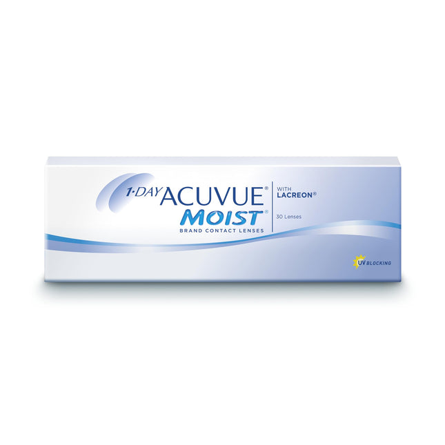 ACUVUE MOIST 1 dienas kontaktlēcas jutīgām acīm un cilvēkiem ar alerģijām – dienas kontaktlēcas ar -3,25 dpt un BC 8,5 – UV aizsardzība un ērta valkāšana – 30 lēcas