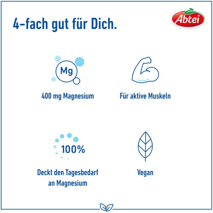 Abtei Magnesium 400 - augstas devas magnijs - aktīviem muskuļiem - bez glutēna, bez laktozes un vegānisks - 30 tabletes