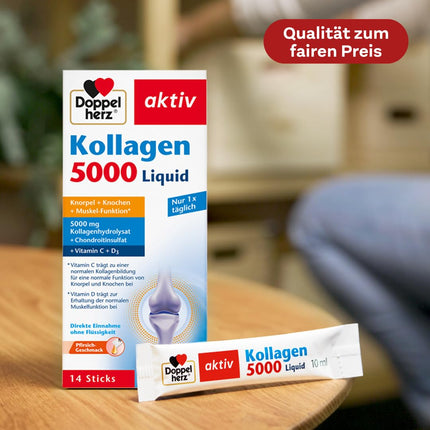 Doppelherz Collagen 5000 šķidrums - ar kolagēna hidrolizātu, hondroitīna sulfātu, vitamīniem un mangānu - 14 persiku garšas nūjiņas