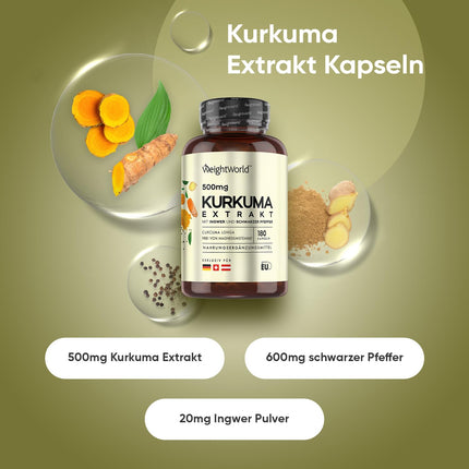 Kurkumas ekstrakta kapsulas - 500 mg kurkumas ekstrakta - 180 kapsulas 6 mēnešiem - kurkumīns ar 20 mg ingvera un 600 mg melnajiem pipariem - 1 kapsula dienā - kurkumīns - WeightWorld