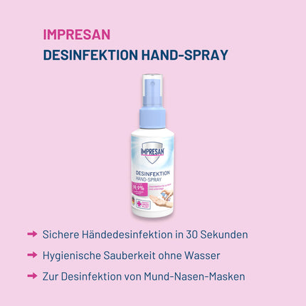 IMPRESAN dezinfekcijas roku aerosols | Higiēniska tīrība bez ūdens | Piemērots roku un sejas maskām | Efektīvs pret baktērijām un vīrusiem | 100 ml
