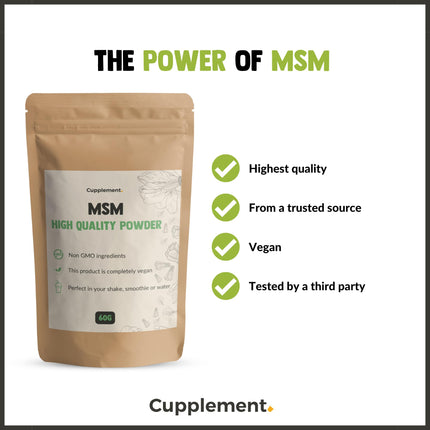 Cupplement MSM pulveris 60 grami bezmaksas mērkarote - MSM uztura bagātinātāji - bez pulvera, 1000 mg, želeja vai tabletes - tīrs - MSM - superēdiens - pretnovecošanās līdzeklis - MSM pulveris - augsta deva - zirgiem