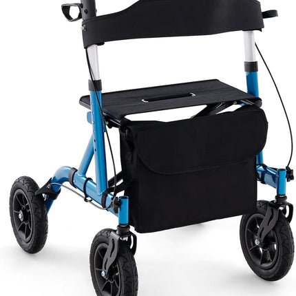 FANTASK 2-in-1 rollators ar pneimatiskajām riepām un sēdekli līdz 160 kg, salokāms un viegls alumīnijs ar somu un spieķa turētāju, staigāšanas palīglīdzeklis ar 6 virzienu augstuma regulēšanu, ratiņkrēsls un ceļojumu rollators (zils)