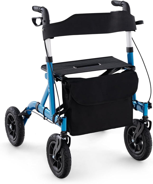 FANTASK 2-in-1 rollators ar pneimatiskajām riepām un sēdekli līdz 160 kg, salokāms un viegls alumīnijs ar somu un spieķa turētāju, staigāšanas palīglīdzeklis ar 6 virzienu augstuma regulēšanu, ratiņkrēsls un ceļojumu rollators (zils)