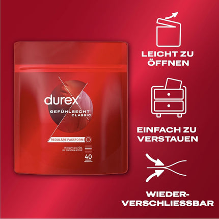 Durex Real Feel Classic prezervatīvi – plāni prezervatīvi ar anatomisku, viegli uzvelkamu formu, lubrikēti ar silikona gēlu – 40 gabalu iepakojums (1 x 40 gabali)