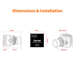 RunCam Phoenix2 Nano Freestyle FPV kamera 1000TVL 1/2" COMS sensors 2.1mm (M8) FOV 155° 4:3/16:9 PAL/NTSC pārslēdzams FPV droniem un kvadrokopteriem