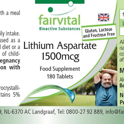 Fairvital | Litija aspartāts 1500 μg - 180 tabletes - Organiski saistīts litijs - Augsta biopieejamība - Kvalitātes pārbaude un liela deva - 100% vegāns - Ražots Vācijā