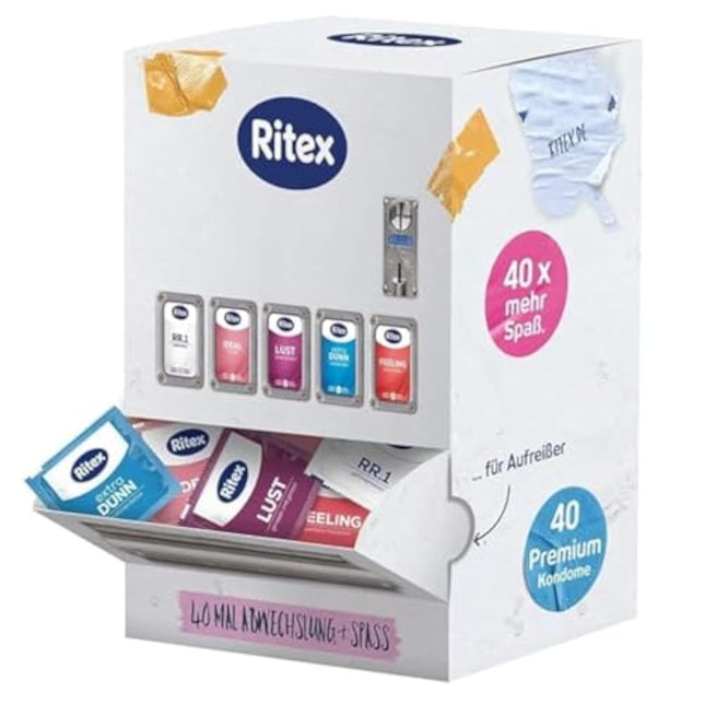 Ritex prezervatīvu dozators – prezervatīvu paraugu iepakojums ar 40 gabaliem, prezervatīvu dozators ar 5 dažādiem Ritex prezervatīviem dažādībai un jautrībai – vegāniski prezervatīvi, dermatoloģiski pārbaudīti, ražoti Vācijā