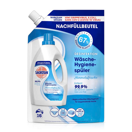 Sagrotan veļas higiēnas skalošanas līdzekļa Heavenly Fresh uzpildes – dezinfekcijas skalošanas līdzeklis higiēniski tīrai un svaigai veļai – 5 x 1,2 l tīrīšanas līdzekļi praktiskā izdevīgā iepakojumā