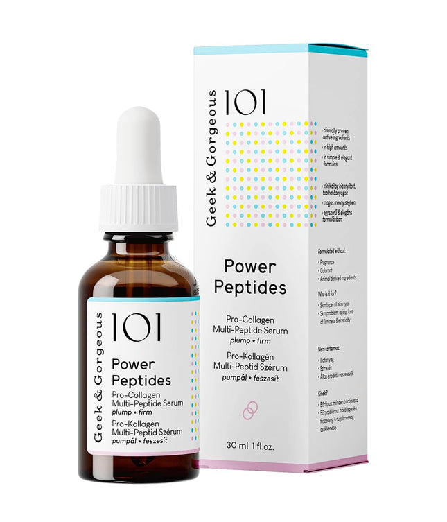 Geek &amp; Gorgeous Power Peptides serums – Ļoti efektīvs pretnovecošanās serums ar multipeptīdiem – Nostiprina ādu, samazina grumbas un uzlabo elastību – Veicina kolagēna ražošanu – 30 ml