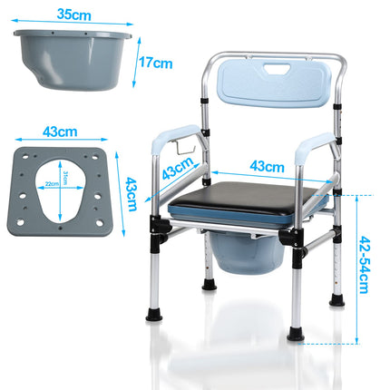 Yakimz tualetes krēsls, dušas krēsls ar spaini, regulējams augstums 42-54 cm, ar polsterētu sēdekli un tualetes spaini, celtspēja līdz 160 kg, tualete senioriem un grūtniecēm, cilvēkiem ar invaliditāti