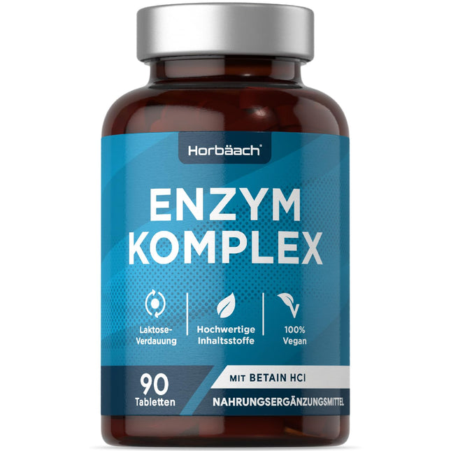 Gremošanas enzīmi | Enzīmu komplekss amilāze, proteāze, laktāze, lipāze un celulāze | Betaīna HCl | 90 vegānas tabletes | Gremošanas enzīmi | Horbaach