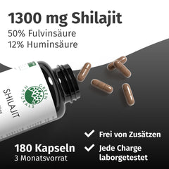 Original Himalaya Shilajit - augsta deva: 13 000 mg Shilajit dienā (10:1 ekstrakts) + 50% fulvīnskābe + 12% humīnskābe - 3 mēnešu krājums (180 kapsulas) - bez piedevām - Green Naturals®