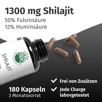 Original Himalaya Shilajit - augsta deva: 13 000 mg Shilajit dienā (10:1 ekstrakts) + 50% fulvīnskābe + 12% humīnskābe - 3 mēnešu krājums (180 kapsulas) - bez piedevām - Green Naturals®
