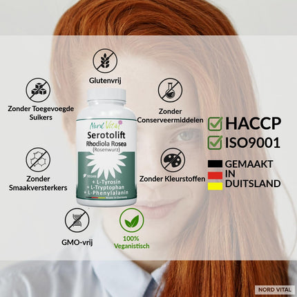 Nord Vital Serotolift - serotonīna un dopamīna prekursori - Rhodiola Rosea, L-triptofāns, L-tirozīns, L-fenilalanīns, hroms, cinks, vitamīni D3, B5, B6, B9 un B12 - vegāns - ražots Vācijā