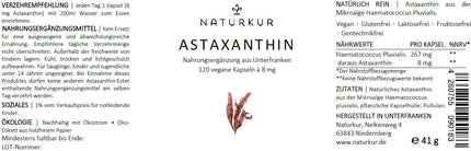 Naturkur® Astaksantīns 8 mg - 120 kapsulas farmaceita stikla burciņā - Augstākās kvalitātes izejviela no mikroaļģēm Haematococcus Pluvialis, vegāns, bez piedevām, roku darbs Lejasfranconijā