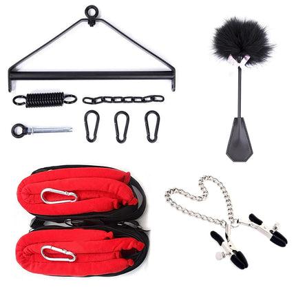 BDSMYEE Deluxe Love Swing komplekts griestiem, seksa šūpoļu mēbeles ar spalvu kutinātāju un krūtsgala klipša ķēdi, Love Swing seksa šūpoles ar 5 galvas spilveniem, jostasvietas spilvenu, gurnu spilvenu, kāju spilvenu, celtspēja 200 kg