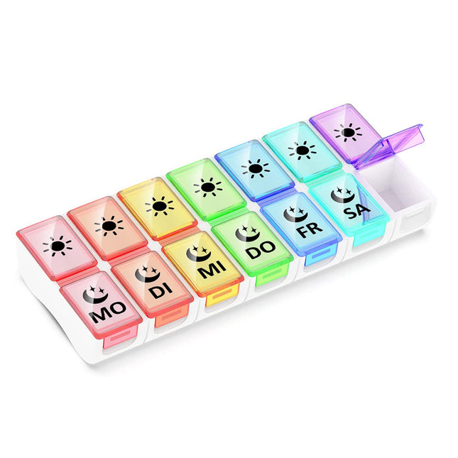GeekerChip 7 dienu tablešu kastīte ar 2 nodalījumiem, 7 dienu tablešu kastīte, rīta un vakara 14 nodalījumi, tablešu kastīte, medikamentu dozators (vācu versija)
