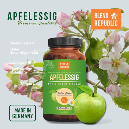 BLEND REPUBLIC® 180 x ābolu sidra etiķa kapsulas, augstas devas un dabīgas | 1000 mg ābolu sidra etiķa vienā dienas devā | Vegāns un laboratorijā pārbaudīts | Ābolu sidra etiķis | 3 mēnešu piegāde