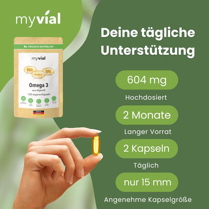 Omega 3 vegāniskās kapsulas 120 gab. – 600 mg EPA un DHA no aļģu eļļas – augsta deva – triglicerīdu forma – ilgtspējīgi ražots Vācijā – bez piedevām – laboratoriski pārbaudīts