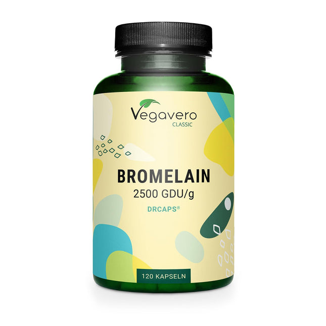 Augstas devas bromelaīns | līdz 1300 mg dienā | (3250 FIP - 1625 Gdu) vienā kapsulā | kuņģa sulas rez. DRCaps® | Laboratorijā pārbaudīts | Eaus ananāss | Vegāns - Bez piedevām | Vācu ražojums Vegavero®