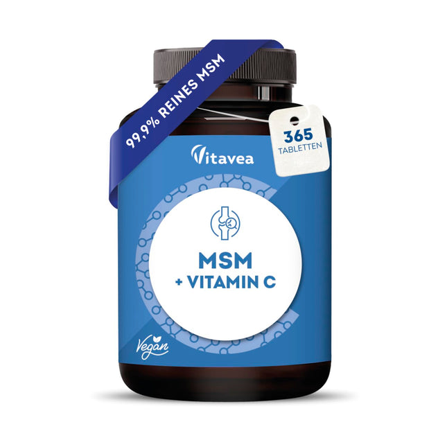 MSM 2000 mg ar C vitamīnu - 99,9% tīra MSM - 365 vegānas tabletes - Laboratorijā pārbaudīts, bez nevēlamām piedevām - Vitavea