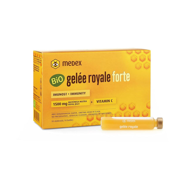 Medex Organic Royal Jelly FORTE, īpaši stiprs ar 1500 mg peru pieniņa, šķidrums ampulās, viegli atverams, ar dabīgu C vitamīnu, no bioloģiskās lauksaimniecības, 10 x 9 ml